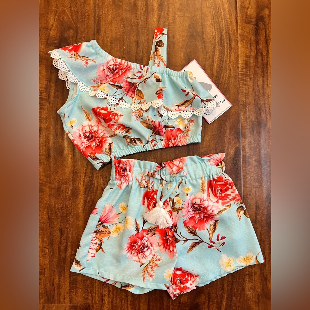 Baby girl Rare Editions floral printed linen one shoulder top and shorts set 24m